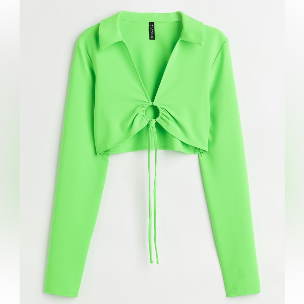 H&M Long Sleeve Collared Crop Top | Neon Green | Size L | Women Vinatge